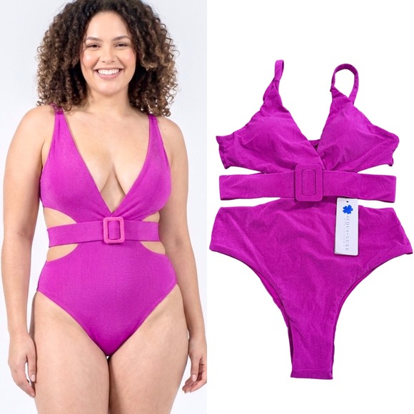 Acqua De Luxe Other - Acqua De Luxe One Piece Swimsuit Cutout Large Magenta Pink Belted Shimmer Adjust